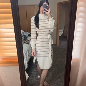 Allison Brittney Striped Sweater Dress - Midi - White and Brown Striped
